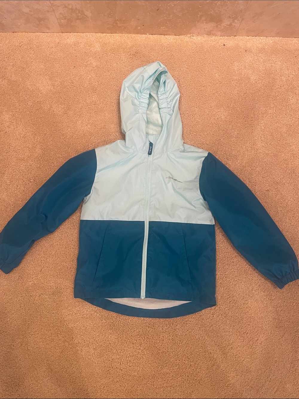 Eddie Bauer girls 2 tone teal windbreaker light hooded jacket